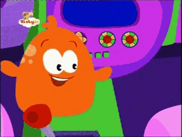 a cartoon character from baby tv is smiling