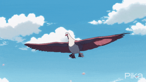 a drawing of a pigeon flying in a blue sky with pika written on the bottom