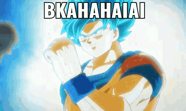 a cartoon of a man with blue hair and the words bkahahaiai
