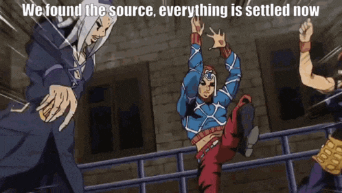 a cartoon of a man jumping over a fence with the caption we found the source everything is settled now .