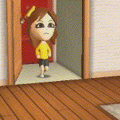 a cartoon girl in a yellow shirt is standing in front of a red door