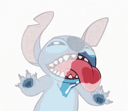 a cartoon character named stitch is sticking out his tongue .