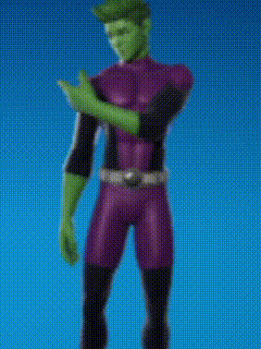 a man with green hair and green arms is wearing a purple and black superhero suit .