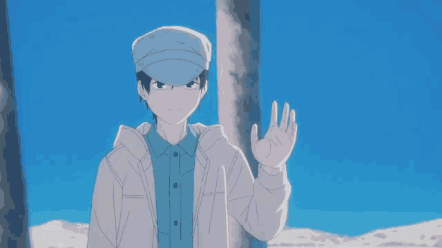 a man wearing a hat and a jacket is waving his hand