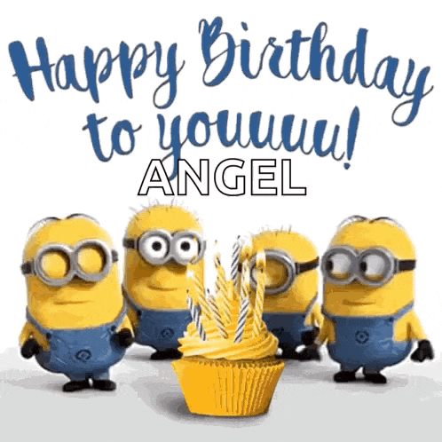 a group of minions standing around a yellow cupcake with candles and the words happy birthday to you !!! angel