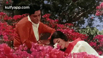 a man is putting a flower on a woman 's head in a field of flowers .
