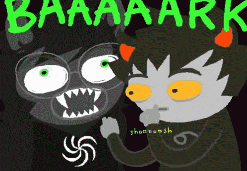 a cartoon drawing of two monsters with the word baaaark in green