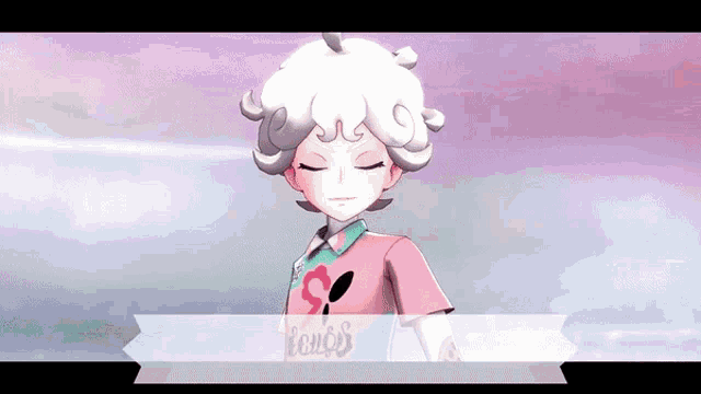 a cartoon character with white hair and a pink shirt with the word fever on it
