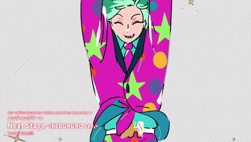 a drawing of a man in a colorful suit with the words next stage written below him