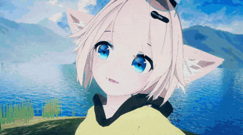 a girl with white hair and blue eyes has a sticker on her head that says ' kitty '