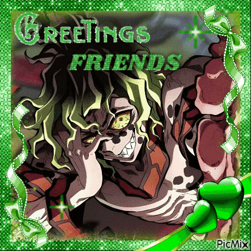 a picture of a cartoon character with the words greetings friends
