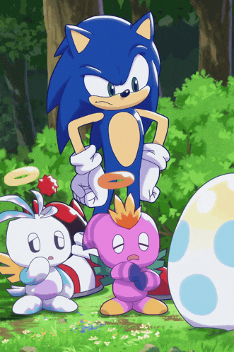 a group of cartoon characters including sonic the hedgehog are standing in a field
