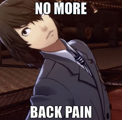 a man in a suit and tie with the words no more back pain