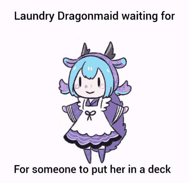 a drawing of a purple and white dragon with the caption laundry dragonmaid waiting for for someone to put her in a deck