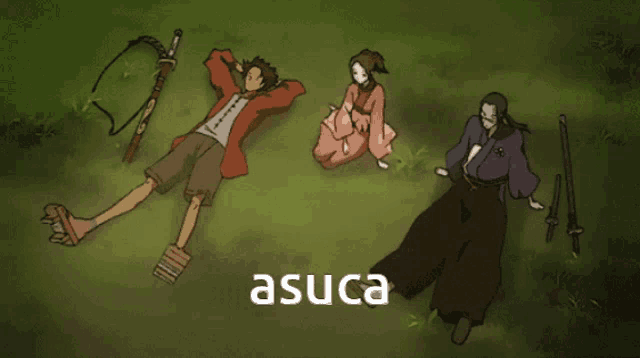 three anime characters laying in the grass with the word asuca on the bottom right