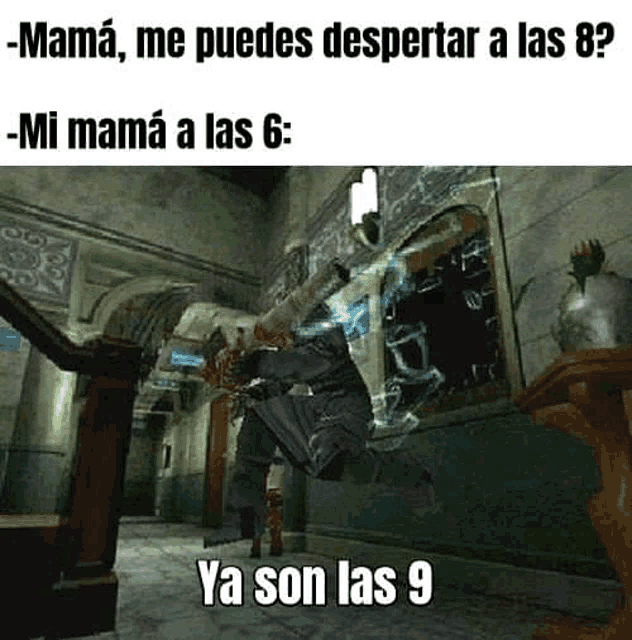 a man is flying through the air in a video game while holding a gun .