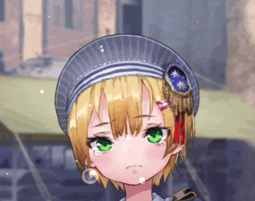 a girl with green eyes is wearing a hat and earrings