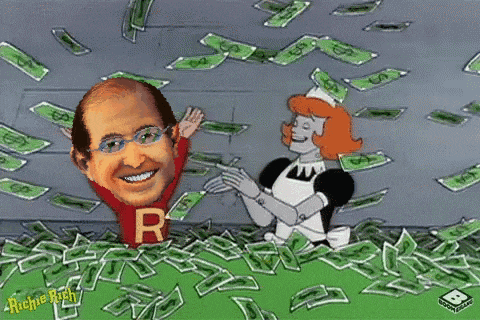 a cartoon of a man and a maid surrounded by money with the word richie rich on the bottom