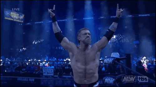 a wrestler in a ring with the word aew on the bottom