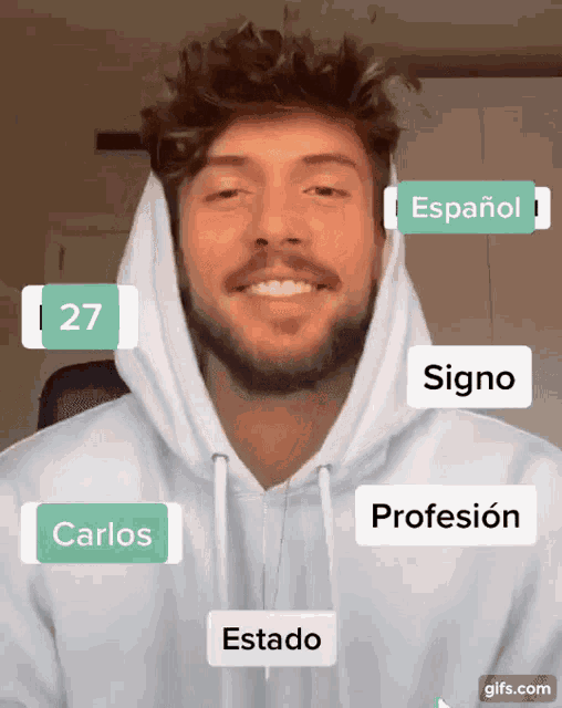 a man is wearing a white hoodie with spanish stickers on his face