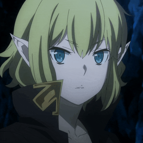 a girl with blonde hair and blue eyes is wearing a black collar with the letter m on it