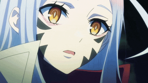 a close up of a girl 's face with white hair and yellow eyes