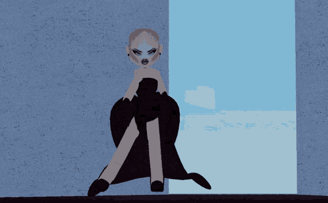 a woman in a black dress is laying on a ledge