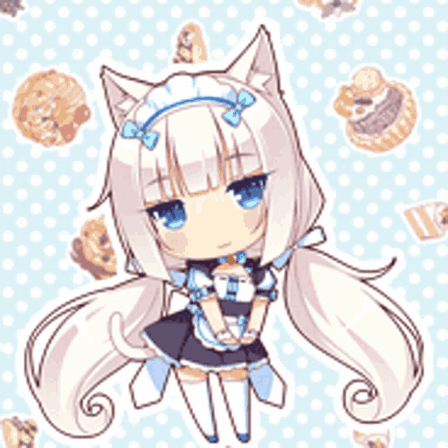 a cat girl with long white hair and blue eyes is wearing a maid costume