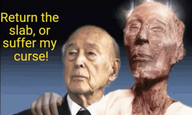 a man with his arm around another man 's shoulder with the words return the slab or suffer my curse