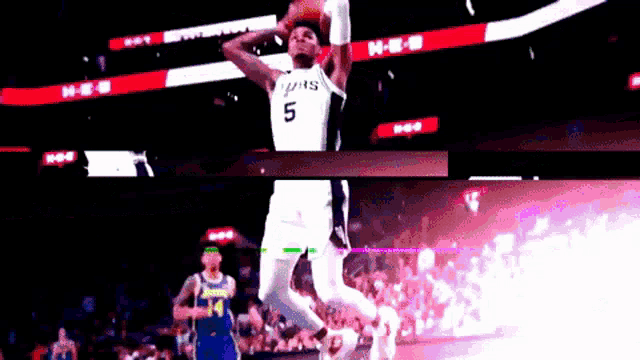 a basketball player with the number 5 on his jersey jumps into the air