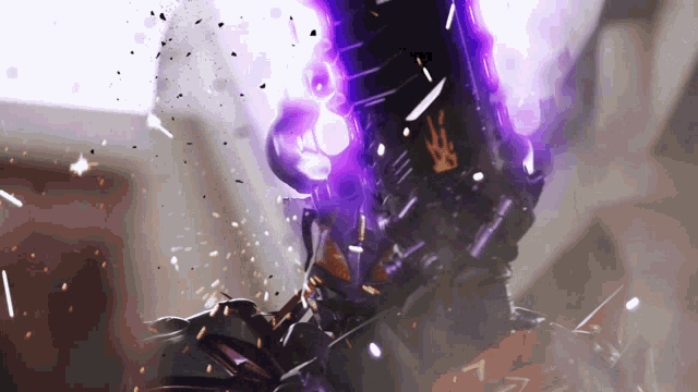 a close up of a purple object with a flame on it