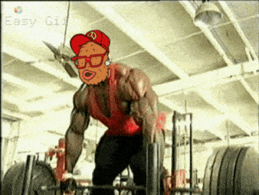 a cartoon character is lifting a barbell in a gym with the words easy gif above him