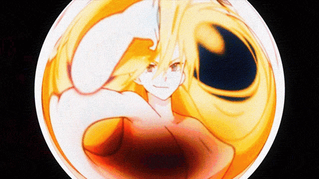 a drawing of a woman with long blonde hair in a circle with a black background