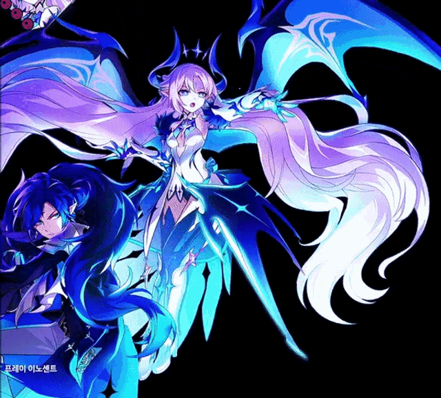 a drawing of a woman with long blue hair and a man with long blue hair