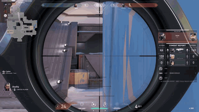 a sniper scope with a combat report on the bottom
