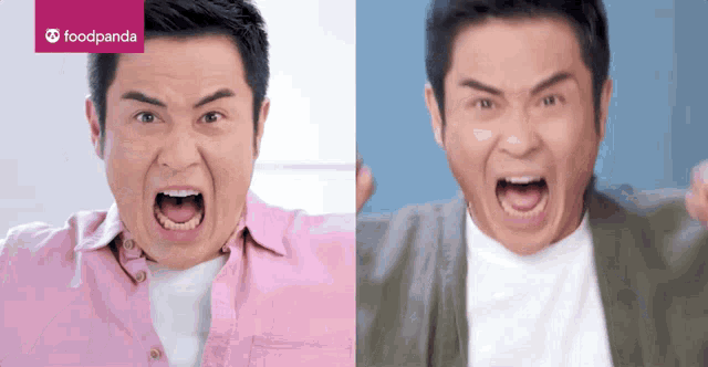 a man in a pink shirt and a man in a white shirt are screaming in front of a banner for foodpanda
