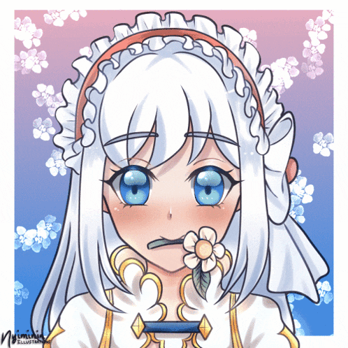 a girl with white hair and blue eyes has a flower in her mouth and a toothbrush in her hand
