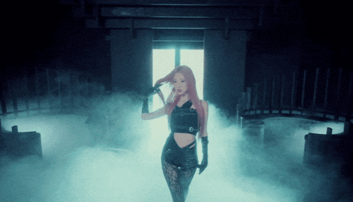 a woman with red hair is standing in a dark room with smoke coming out of the windows