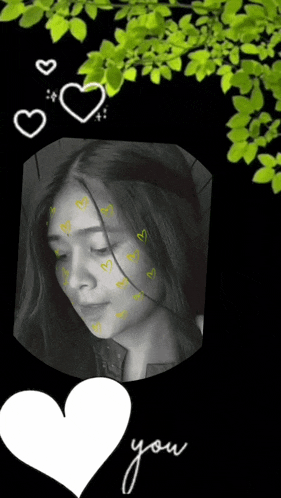 a black and white photo of a woman with hearts on her face and the words " you " below her