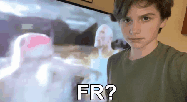 a young boy standing in front of a tv with the words fr written on the bottom