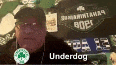 a man wearing glasses and a hat with the name underdog written on the bottom