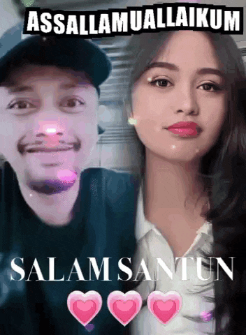 a man and a woman are standing next to each other with the words " assalamualaikum salam santun " on the bottom