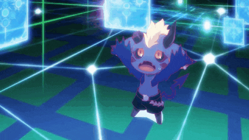 a cartoon character is standing in a room with a lot of blue lights