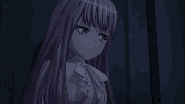 a girl with long purple hair is wearing a white shirt and bow tie