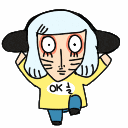 a cartoon character wearing headphones and a yellow shirt that says ok on it