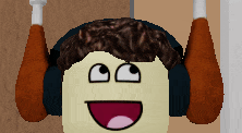 a cartoon character wearing headphones and holding chicken legs