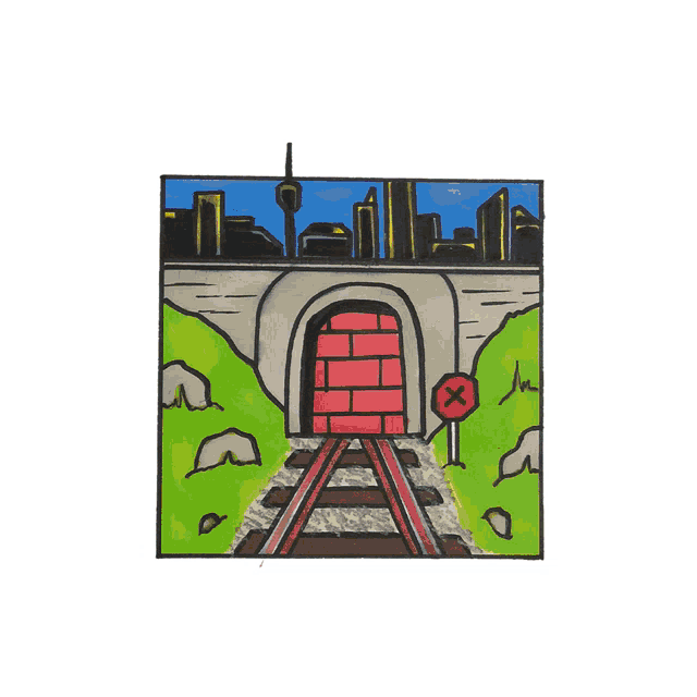 a cartoon drawing of a yellow and black train with a face on it