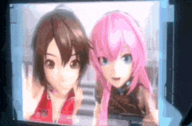 a couple of anime characters are standing next to each other on a screen .