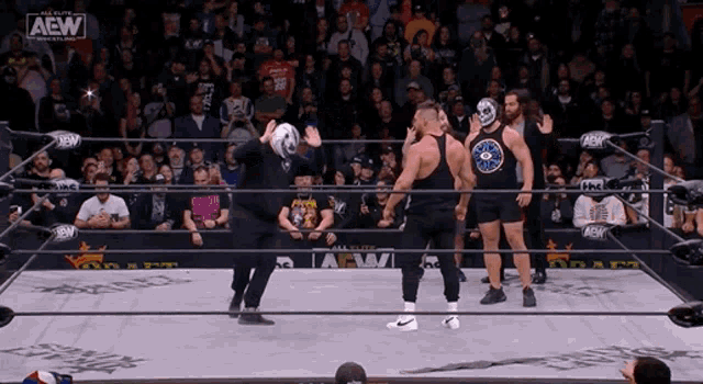 a group of wrestlers are standing in a ring with the aew logo on the bottom