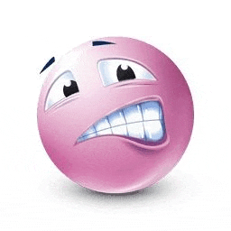 a pink smiley face with braces on its teeth is making a funny face .